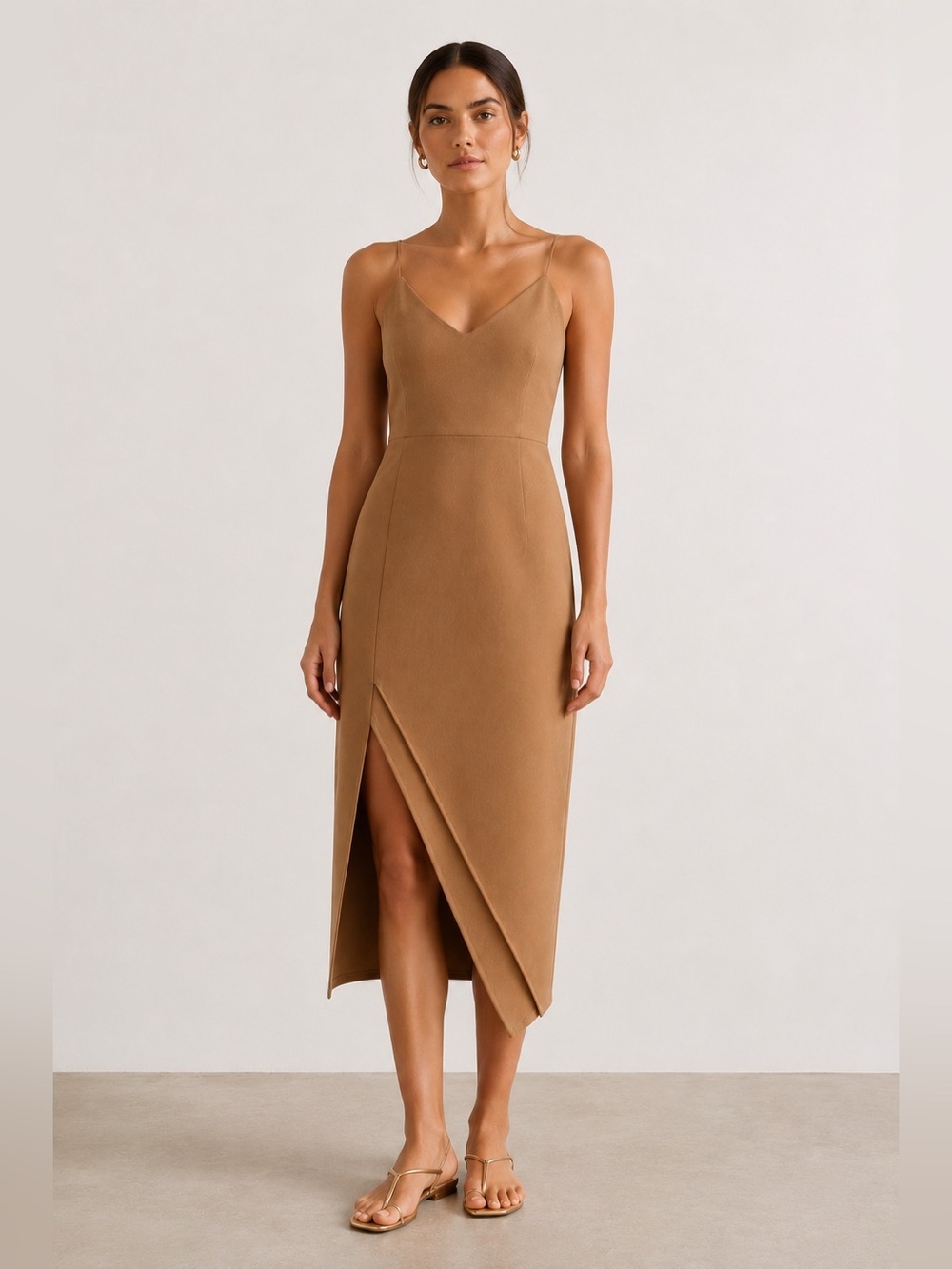 Superdown Kilee nude tan bodycon midi dress with asymmetric hem. Size XS